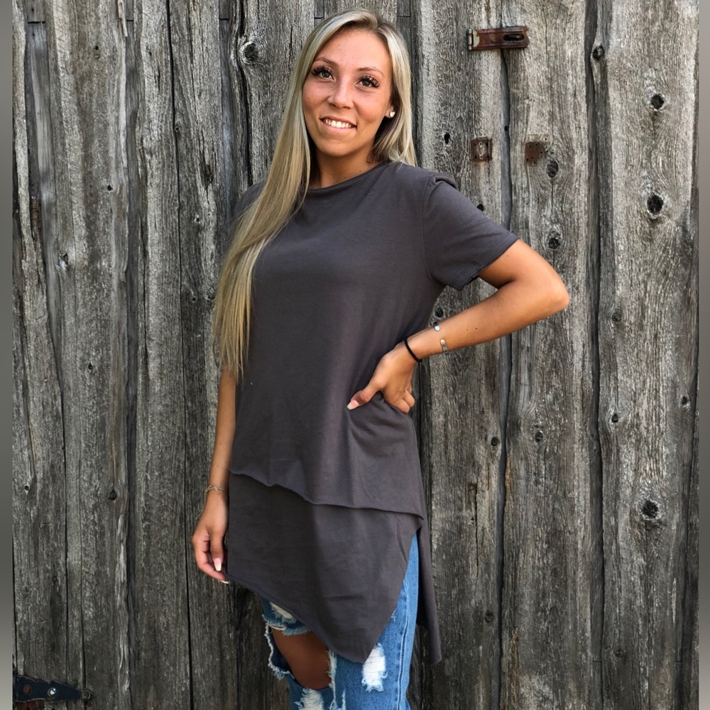 Short Sleeve Dark Gray Long Asymmetrical Top